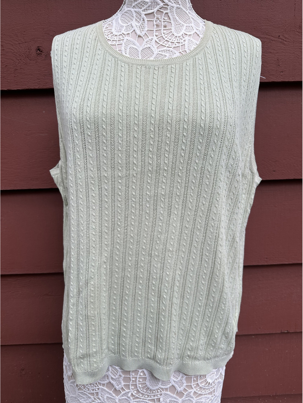 Foxcroft Sage Green Cable Knit Sleeveless Sweater Vest Y2K Fairycore Preppy